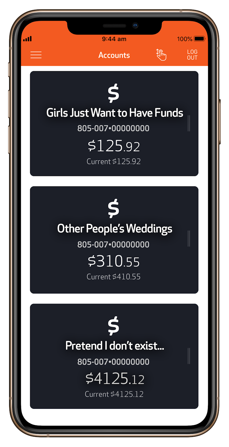 Phone screen with account headings; "Girls just want to have Funds" "Other people Weddings" "Pretend I don't exist"