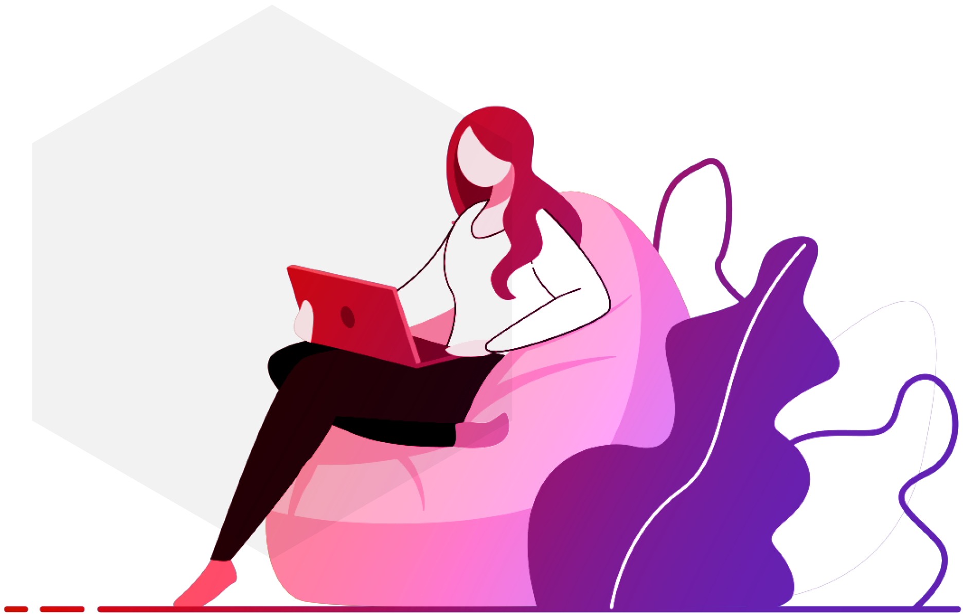 Illustration depicting woman sitting on beanbag with a laptop computer