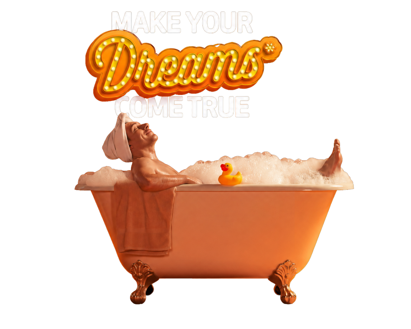 Credit Union SA member relaxing in a bubble bath under a 'Make Your Dreams Come True' sign